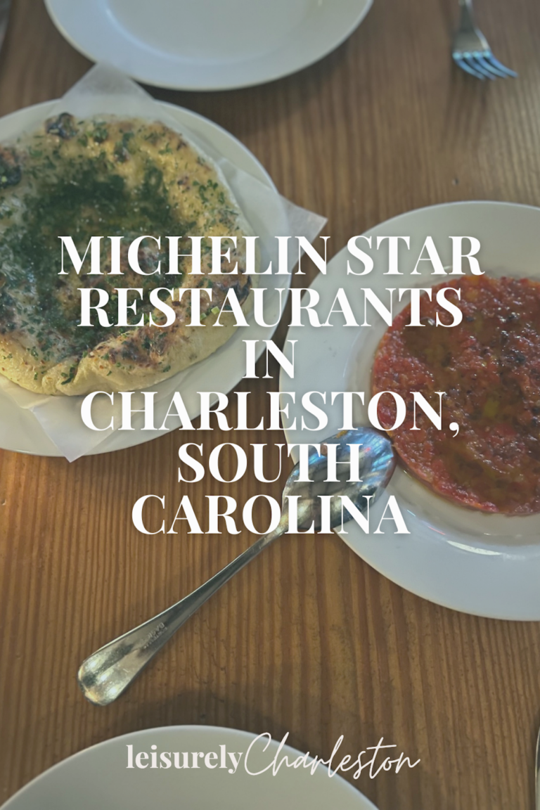 Image of a table of food at Vern's and text overlay 'michelin star restaurants in charleston'