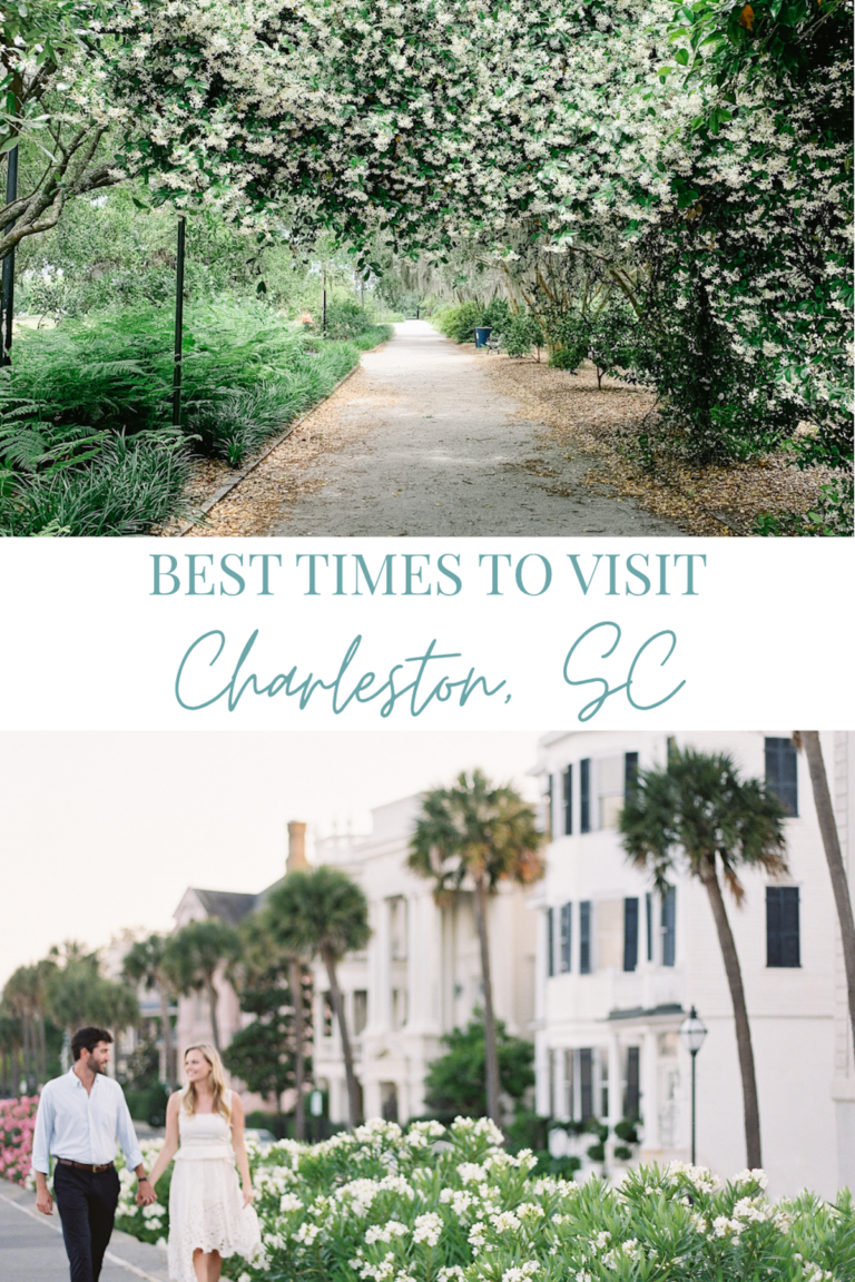 Graphic with text 'Best times to visit Charleston SC' and two images of flowers in Hampton Park and couple walking along The Battery.