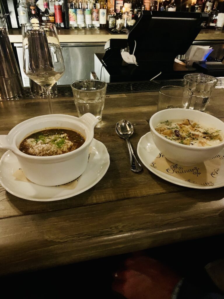 bowls of chili and chowder at the ordinary charleston