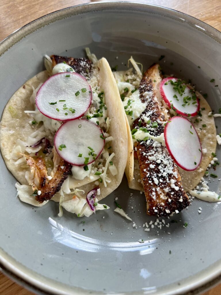 fish tacos at the kingstide daniel island sc. this is an amazing seafood restaurant in charleston.