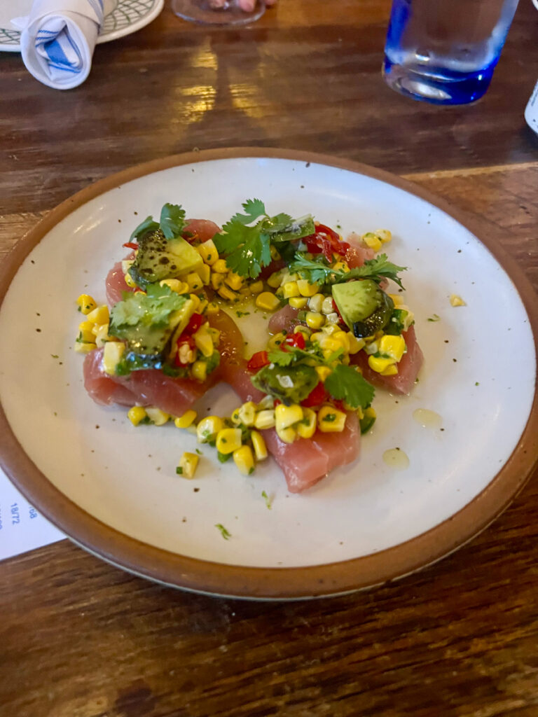 Tuna crudo with fresh bluefin tuna topped with corn, avocado, and cilantro at Chubby Fish in Charleston